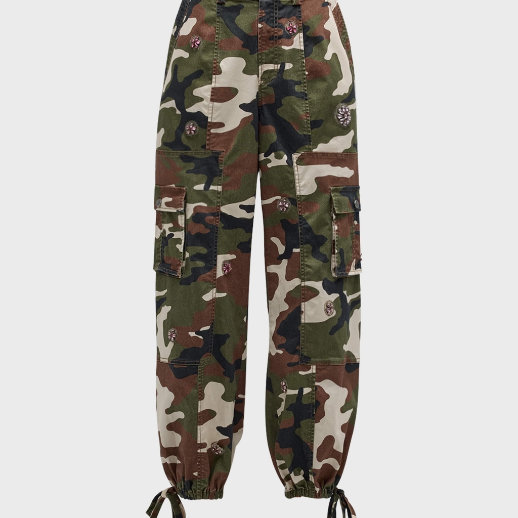 Cinq A Sept Camouflage Cargo Pants With Flower Rhinestones